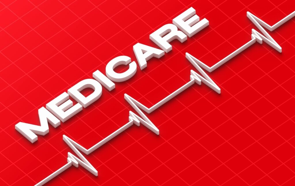 The word 'MEDICARE' in bold white letters on a red background with an EKG line symbolizing healthcare